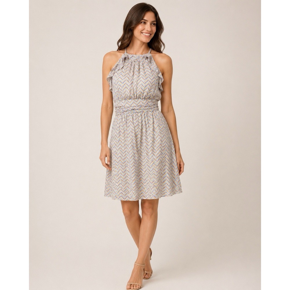 Shoshanna Silk Halter Dress Size 6 Pastel Chevron Ruffle Ruched Y2K Party